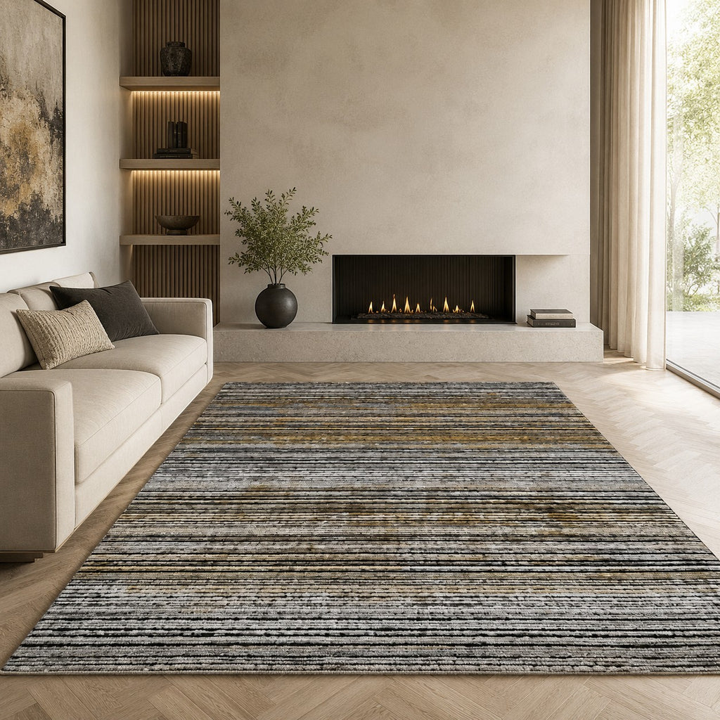 CarpetlyHome Toscana többszínű csíkos szőnyeg, fekete, fehér, szürke és okkersárga árnyalatokkal, 100% polipropilén.
