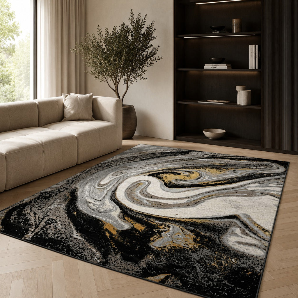CarpetlyHome Toscana fekete-arany márványmintás modern szőnyeg, 8 mm szálhossz, polipropilén