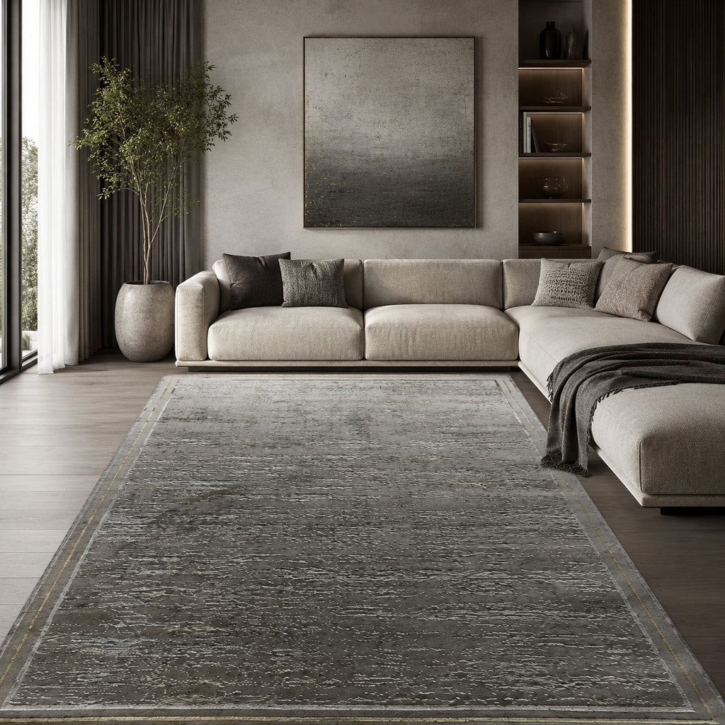 CarpetlyHome Toscana szürke-arany kopott mintás modern szőnyeg, 100% polipropilén, 8 mm szálhossz.