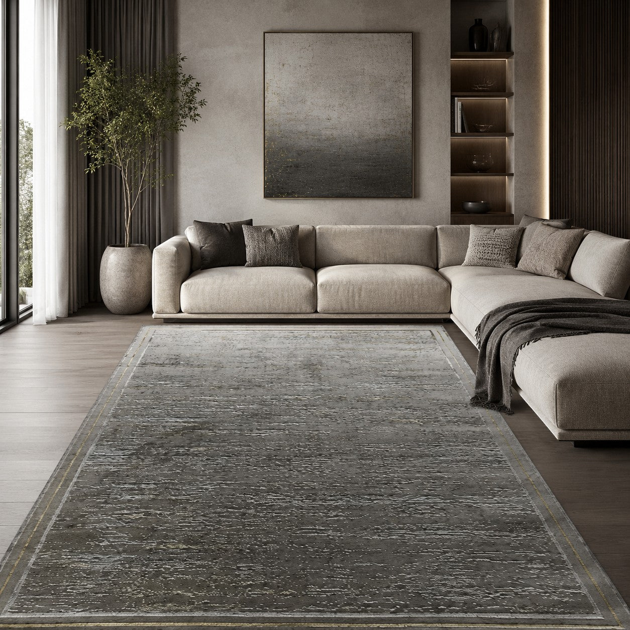 CarpetlyHome Toscana szürke-arany kopott mintás modern szőnyeg, 100% polipropilén, 8 mm szálhossz.