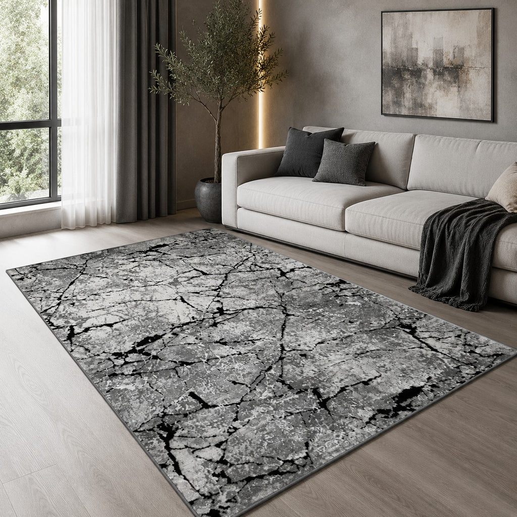 CarpetlyHome Toscana szürke-fekete kőerezetes mintás modern szőnyeg, 100% polipropilén, 8mm szálhossz.
