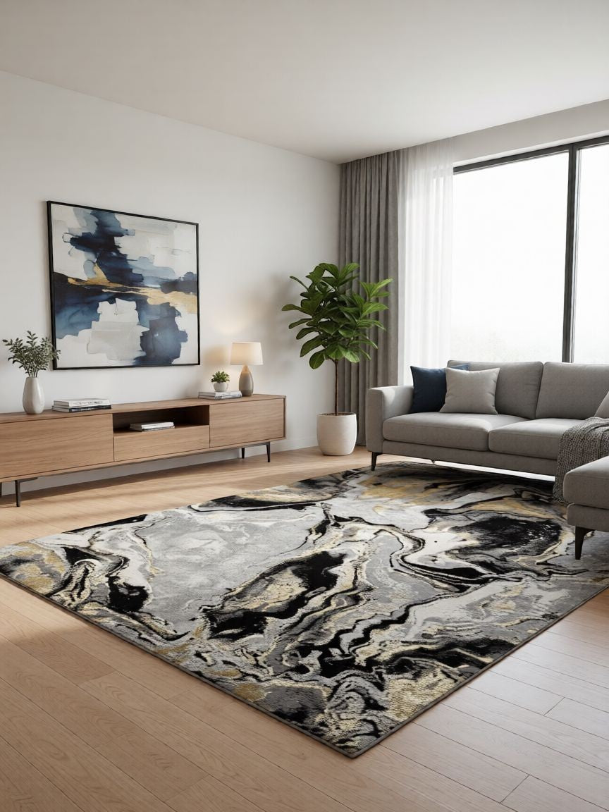 CarpetlyHome Toscana márvány mintás modern szőnyeg fekete, szürke és arany színekben, 8 mm szálhosszúsággal.
