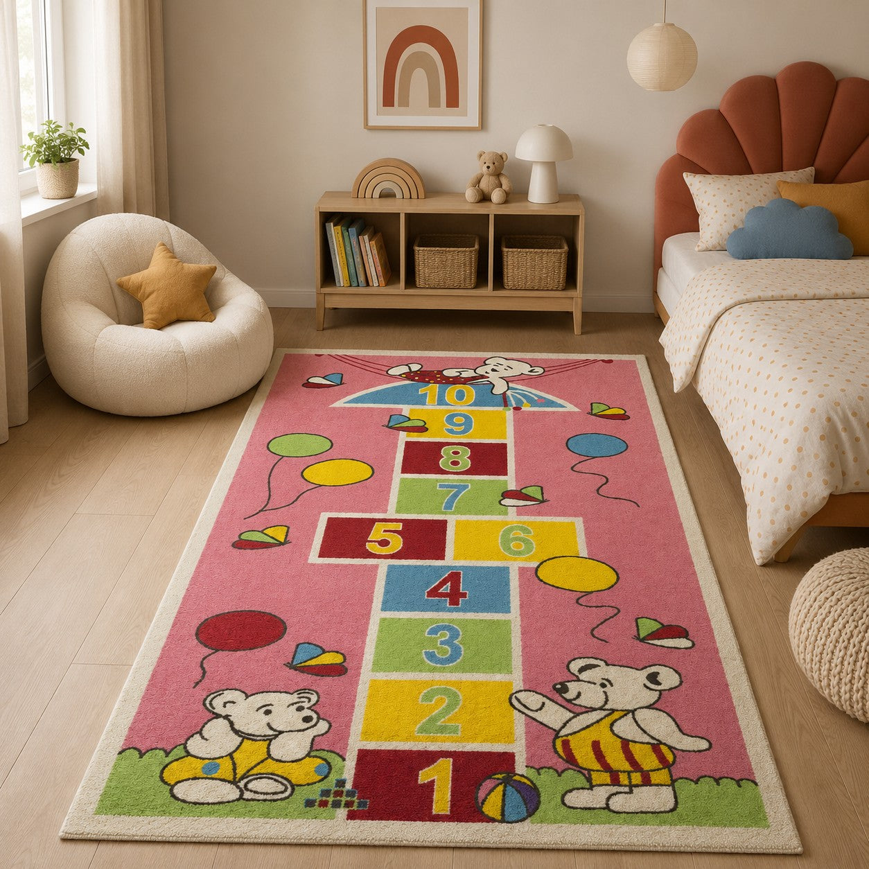 CarpetlyHome rózsaszín ugróiskola mintás gyerekszőnyeg, mackókkal és léggömbökkel, 100% polipropilén, 7 mm szálhossz.