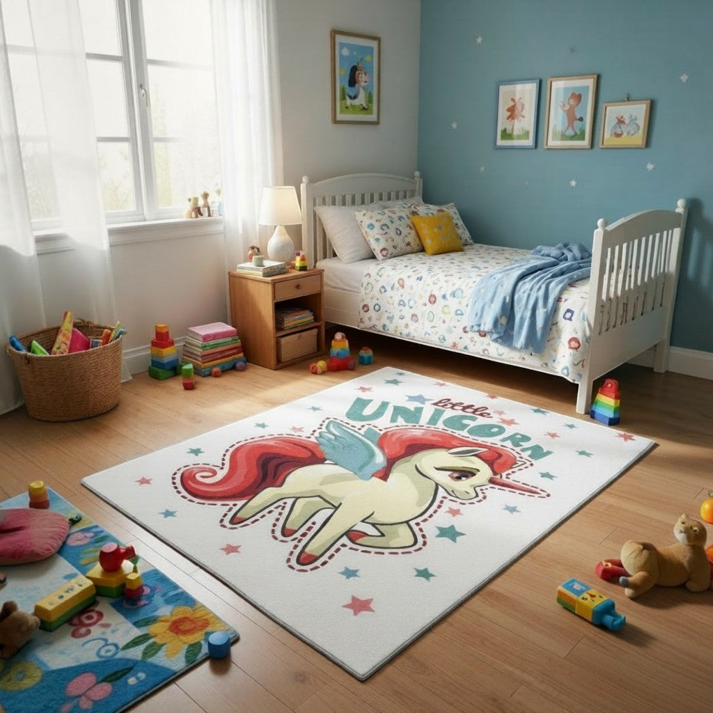 CarpetlyHome unikornis mintás gyerekszőnyeg világos színű, puha polipropilén anyagból, vidám mesebeli dizájnnal.