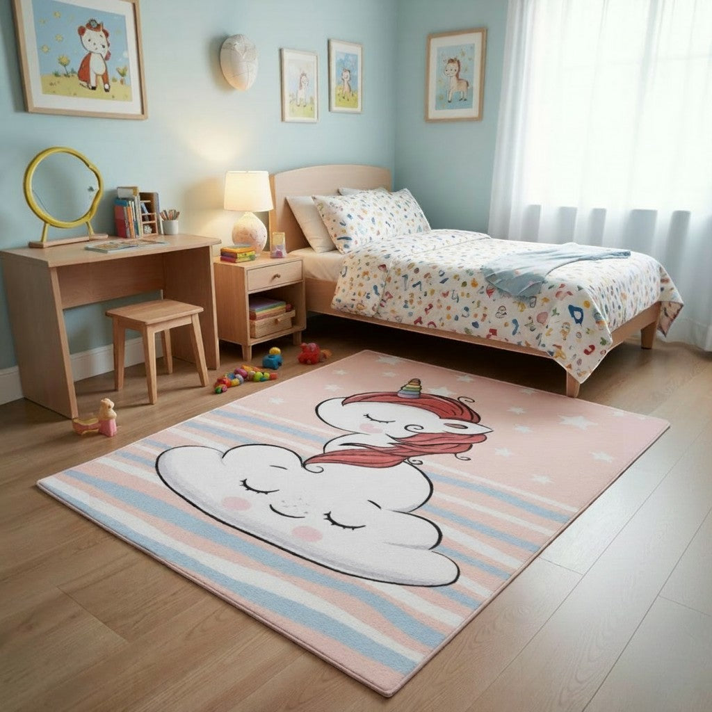 CarpetlyHome pasztell rózsaszín unikornis mintás gyerekszőnyeg felhő és csillag mintával, puha polipropilén anyagból.