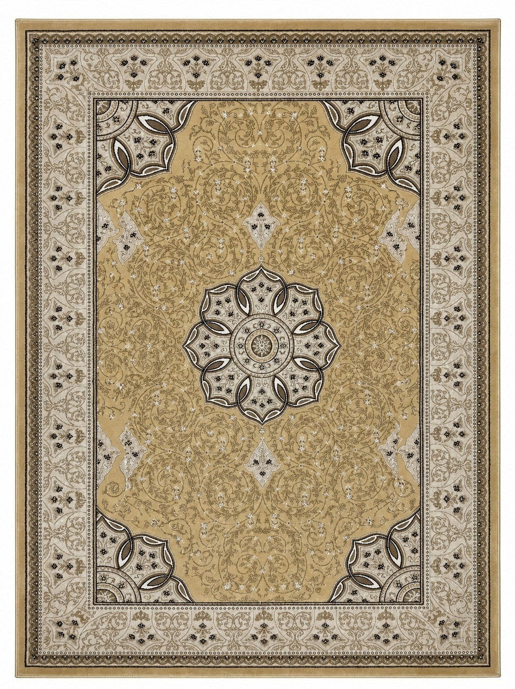 CarpetlyHome világos bézs és arany színű, klasszikus mintás, 100% polipropilén szőnyeg, 12 mm szálhossz.