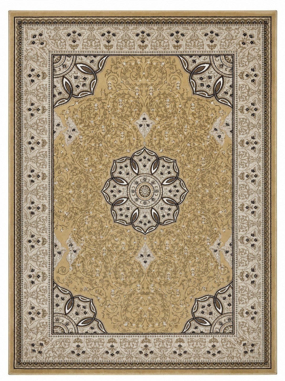 CarpetlyHome világos bézs és arany színű, klasszikus mintás, 100% polipropilén szőnyeg, 12 mm szálhossz.