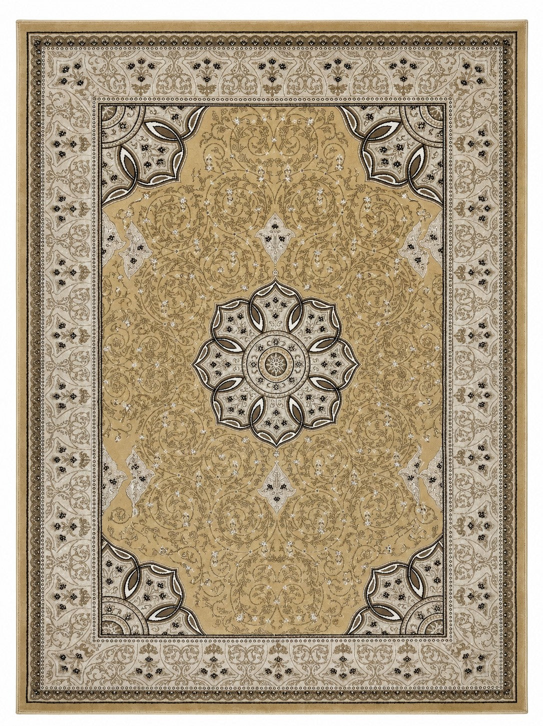 CarpetlyHome világos bézs és arany színű, klasszikus mintás, 100% polipropilén szőnyeg, 12 mm szálhossz.