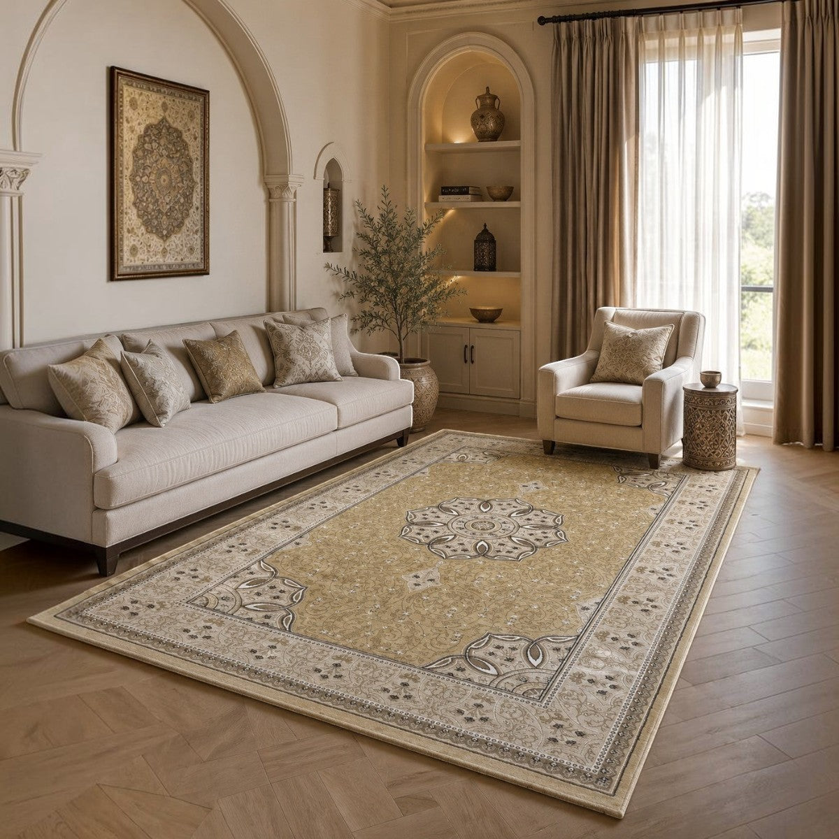 CarpetlyHome világos bézs és arany színű, klasszikus mintás, 100% polipropilén szőnyeg, 12 mm szálhosszúsággal.