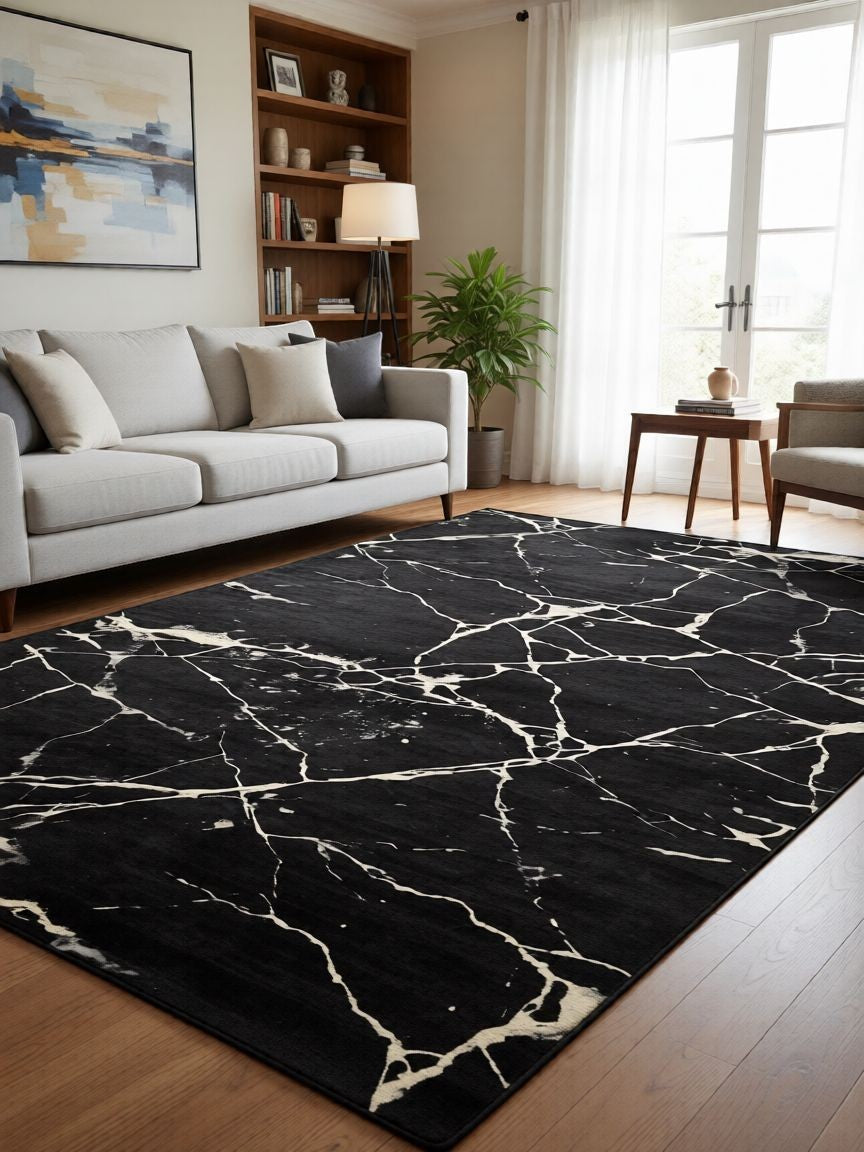 CarpetlyHome Zenit fekete márványmintás modern szőnyeg, 100% polipropilén, 12 mm szálhossz.