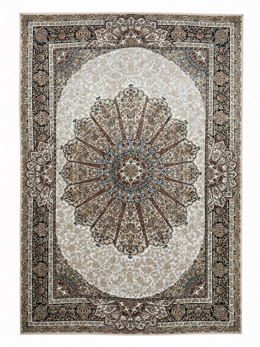 CarpetlyHome Zenit klasszikus szőnyeg bézs, barna, kék és piros virágmintával, 100% polipropilén, 12 mm szálhossz.