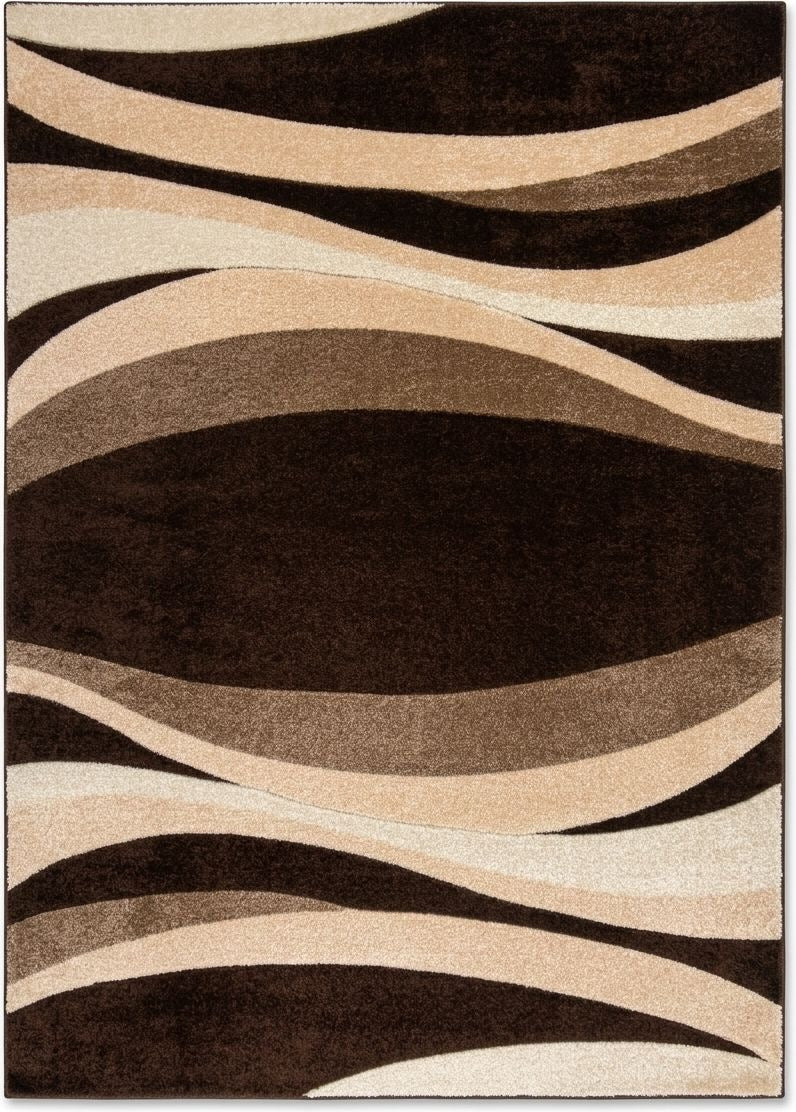 Barna, bézs és krémszínű, hullámos, íves sávokkal díszített, téglalap alakú modern szőnyeg.