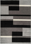 Téglalap alakú modern szőnyeg fekete, sötétszürke, világosszürke és vékony fehér vízszintes sávokból álló geometrikus mintázattal.