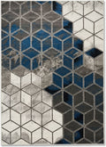 Téglalap alakú, modern szőnyeg kék, szürke és fehér árnyalatú, háromdimenziós hatású geometrikus kockamintával.